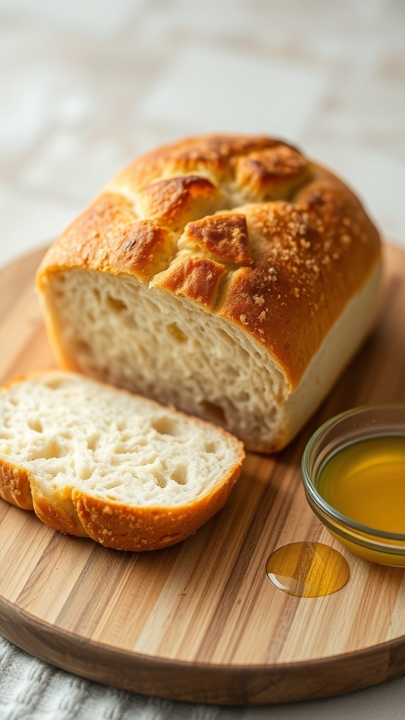Simple Homemade Bread Without Milk A golden brown loaf of homemade bread on a cutting board, sliced to show soft texture, with olive oil in a bowl beside it.